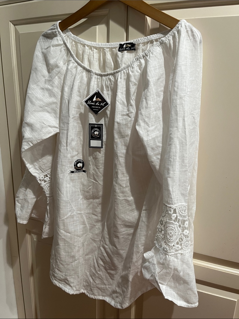 Blanc du Nil White Off-Shoulder Linen Blend Tunic with Lace Sleeves